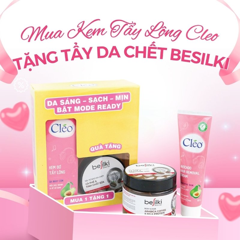 Set Kem Tẩy Lông Dành Cho Da Nhạy Cảm Cleo (Hồng) 100g + Tẩy Tế Bào Chết Besilki Muối Tre & Chiết Xuất Bơ 350g