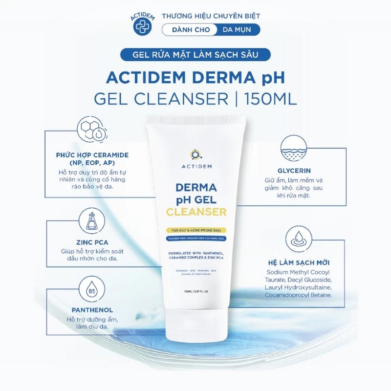 Gel Rửa Mặt Dành Cho Da Dầu Mụn Actidem Derma pH Gel Cleanser 150ml