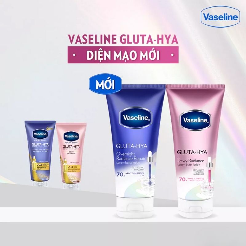 Dưỡng Thể Vaseline Sáng Da Ban Đêm Gluta-Hya Serum Burst Lotion Dewy Radiance 70X (Hồng) 300ml (Mẫu Mới)