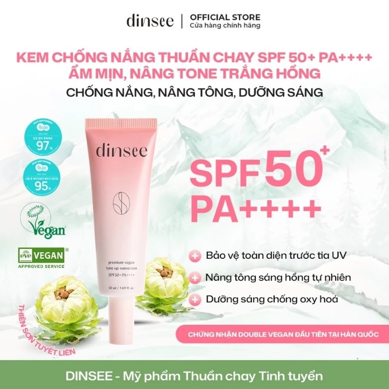 Kem Chống Nắng Thuần Chay Nâng Tông Sáng Hồng Dinsee Premium Vegan Tone Up Sunscreen SPF50+ 50ml