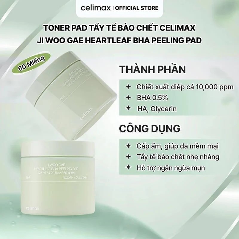 Pad Tẩy Tế Bào Chết Celimax Ji Woo Gae Heartleaf BHA Peeling Pad 125ml (60 Miếng)