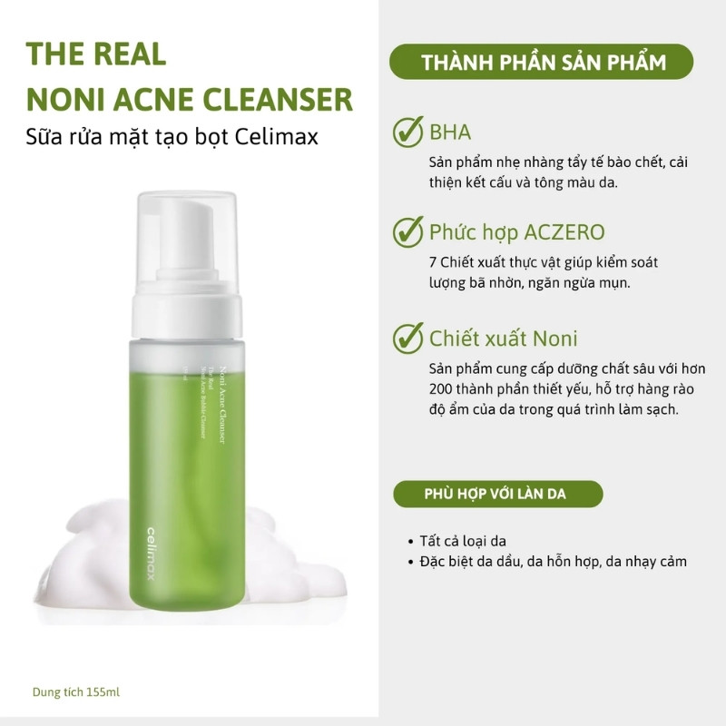 Sữa Rửa Mặt Celimax The Real Noni Acne Bubble Cleanser 155ml