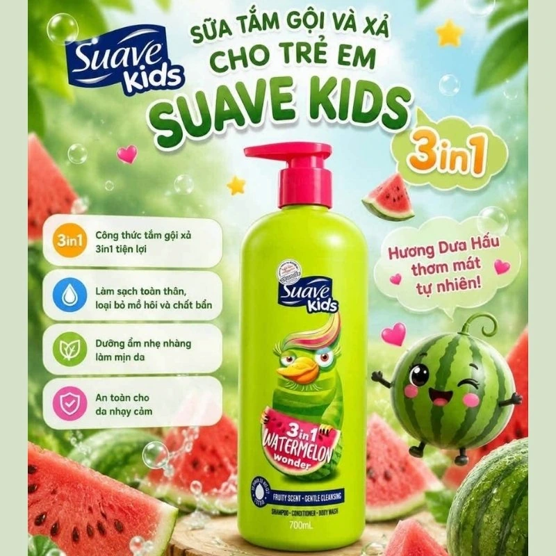 Sữa Tắm Gội Xả Suave Kids 3in1 Watermelon Wonder 700ml (Mẫu Mới)