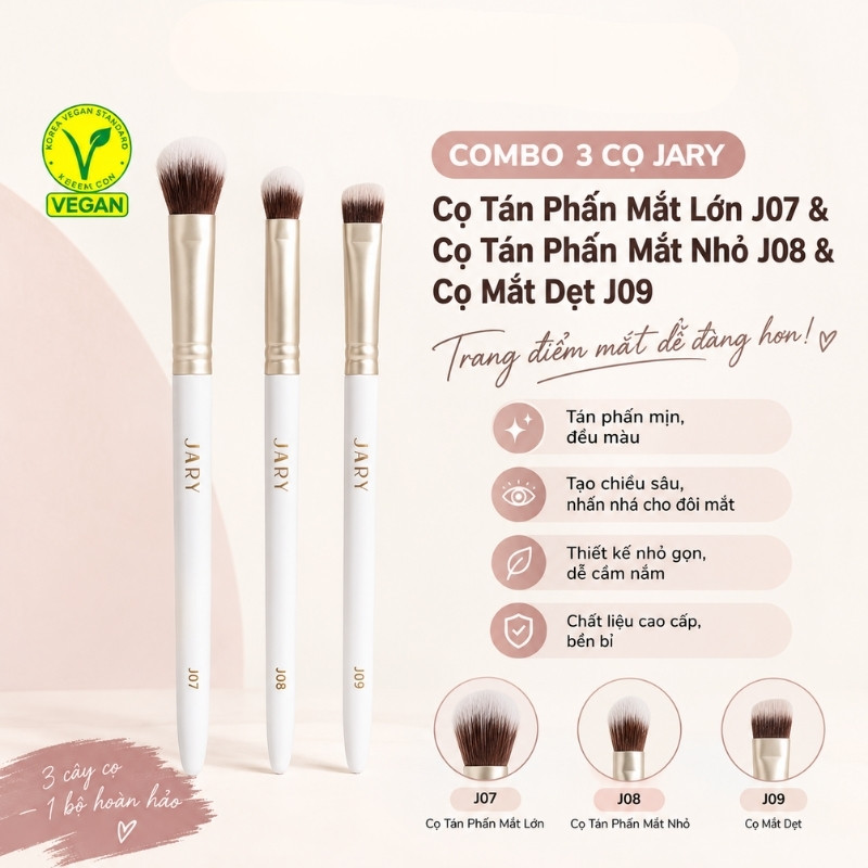 Combo 3 Cọ Jary Cọ Tán Phấn Mắt Lớn J07 & Cọ Tán Phấn Mắt Nhỏ J08 & Cọ Mắt Dẹt J09