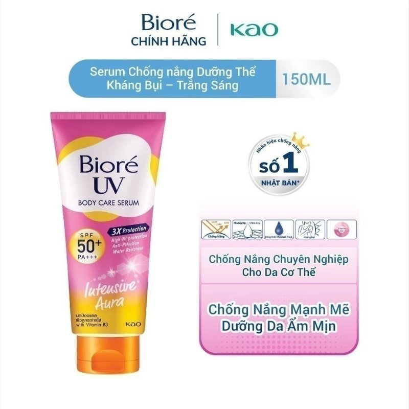 Serum Chống Nắng Dưỡng Thể Sáng Da Biore UV Body Care Serum Intensive Aura SPF50 (Hồng) 150ml