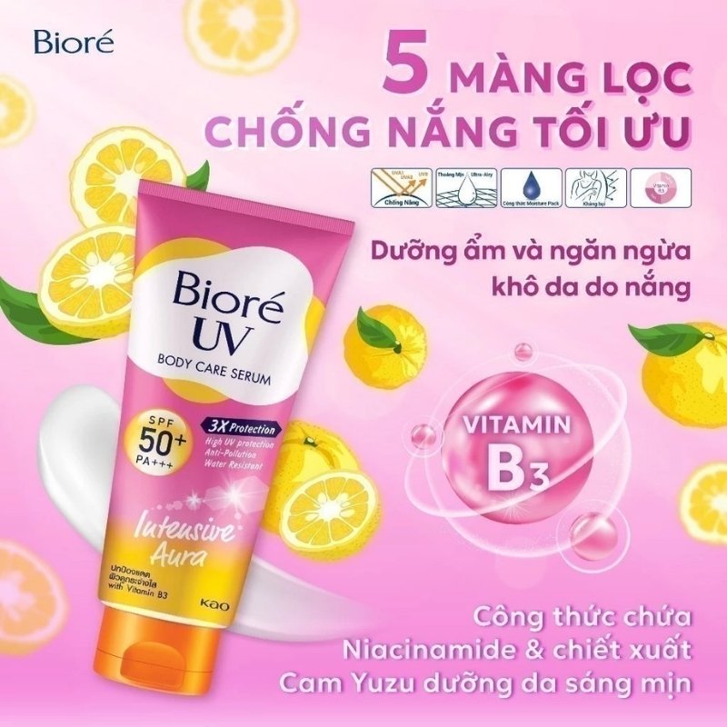Serum Chống Nắng Dưỡng Thể Sáng Da Biore UV Body Care Serum Intensive Aura SPF50 (Hồng) 150ml
