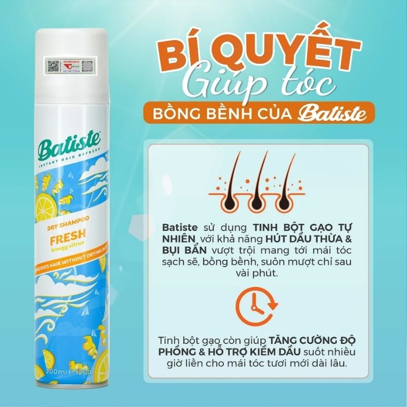 Gội Khô Batiste Dry Shampoo Light Breezy Fresh 200ml