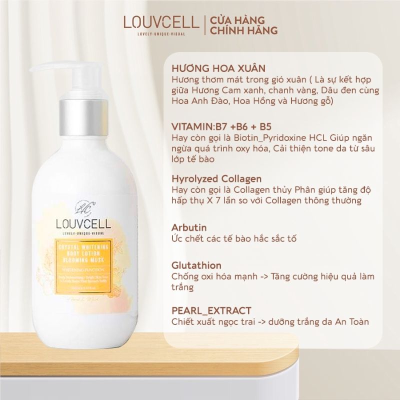 Dưỡng Thể Trắng Da Nâng Tông Louvcell Crystal Whitening Body Lotion 250ml - Blooming Musk (Vàng)