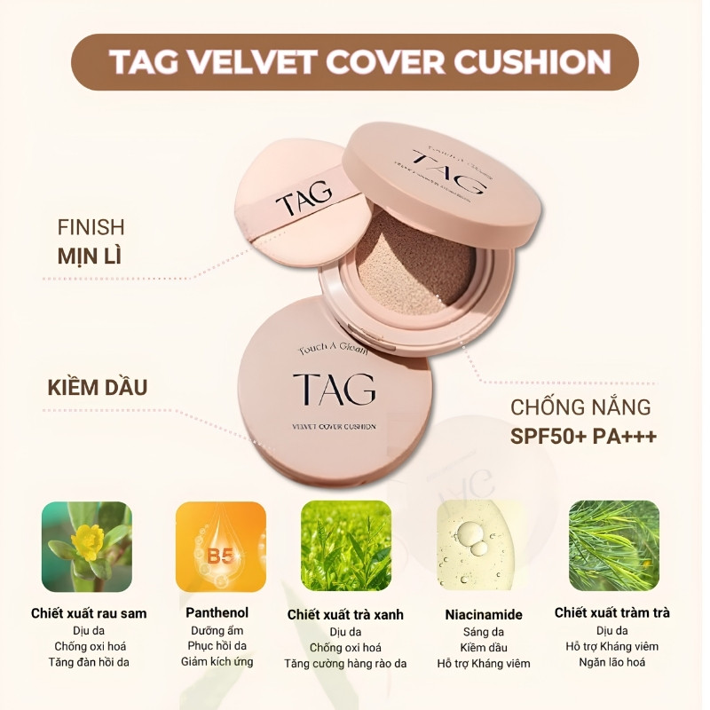 Phấn Nước Kiềm Dầu TAG Velvet Cover Cushion SPF 50+ 15g