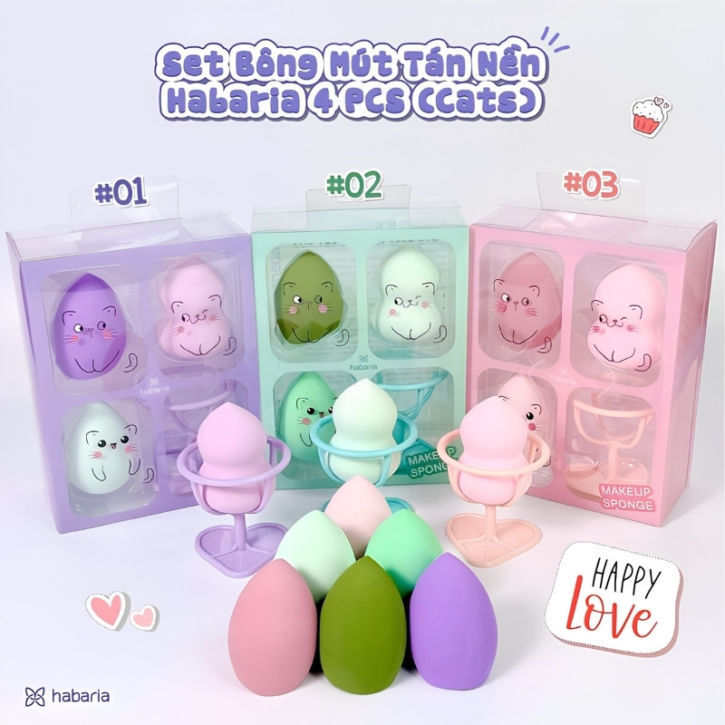 Set 3 Mút Trang Điểm Habaria Rabbits Love (Kèm Miếng Rửa Mặt Bạch Tuộc)