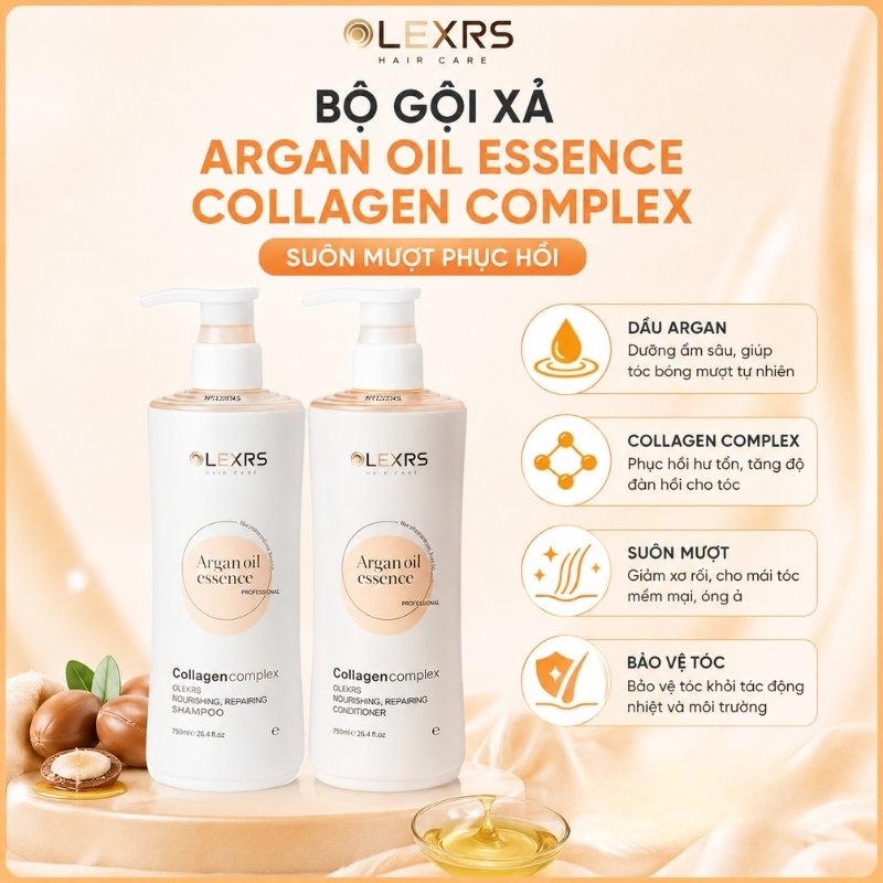 Bộ Gội Xả Olexrs Argan Oil Essence Collagen Complex Suôn Mượt Phục Hồi 2024 (Cam)