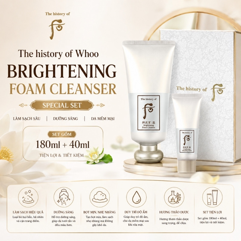 Set Sữa Rửa Mặt Whoo Brightening Foam Cleanser Special Set 180ml + 40ml