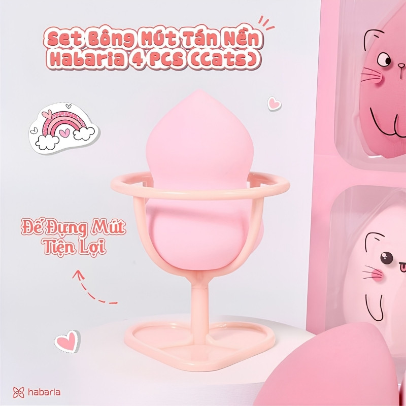 Set 3 Mút Trang Điểm Habaria Rabbits Love (Kèm Miếng Rửa Mặt Bạch Tuộc)