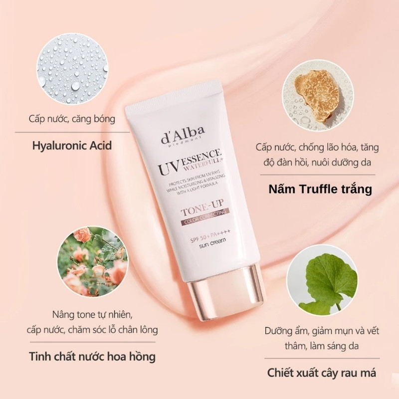 Kem Chống Nắng D'Alba UV Essence Waterfull Tone Up SPF50+ Pink Correcting 50ml (Nhập Khẩu)