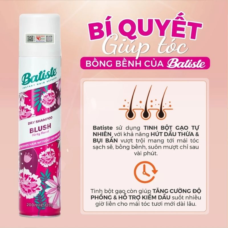 Gội Khô Batiste Dry Shampoo Blush Hương Hoa Quyến Rũ