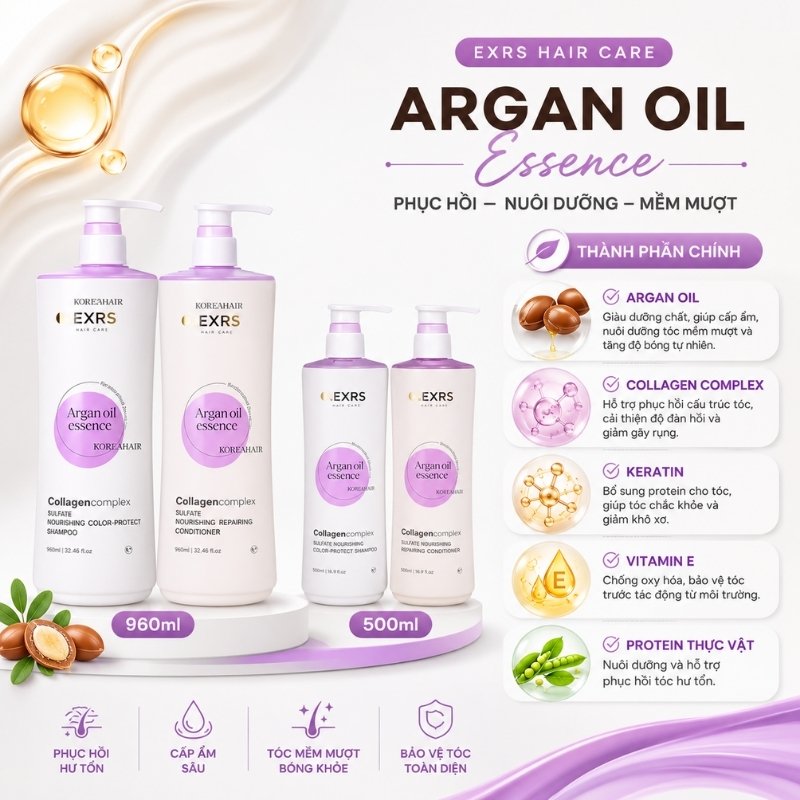 Bộ Gội Xả Olexrs Argan Oil Essence Collagen Complex Phục Hồi, Giữ Màu Tóc 2024 (Tím)