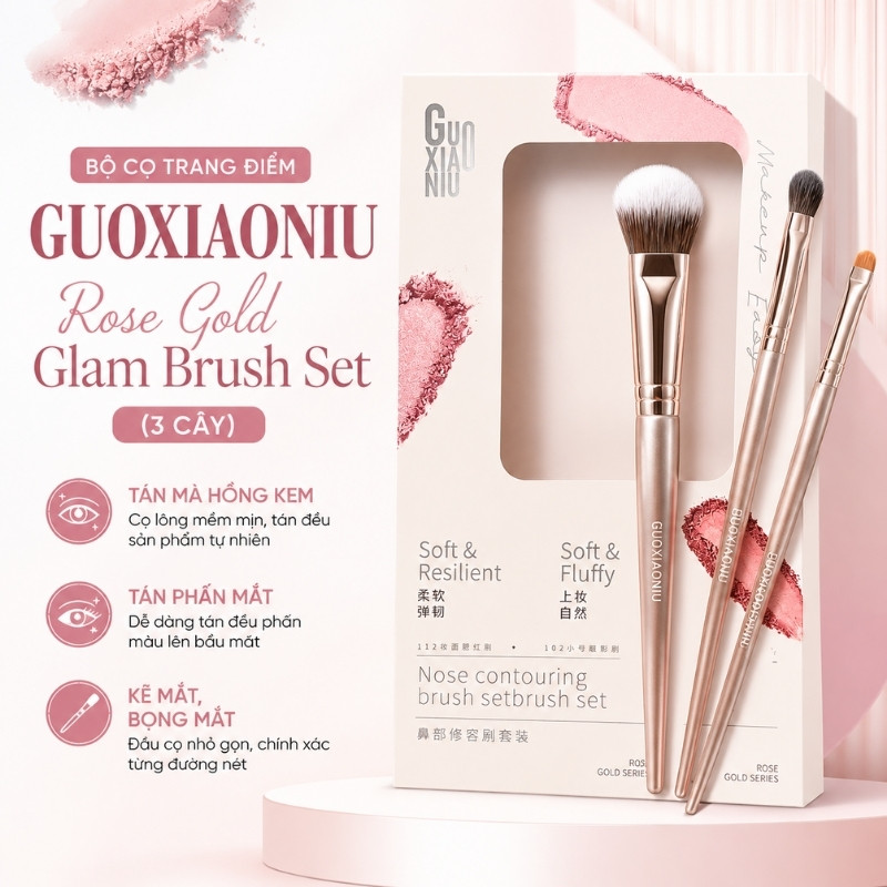 Bộ Cọ Trang Điểm Mắt Má Guoxiaoniu Rose Gold Glam Brush Set (3 Cây)