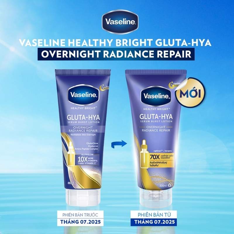 Dưỡng Thể Vaseline Trắng Da Ban Đêm Gluta-Hya Serum Burst Lotion Overnight Radiance (Xanh)