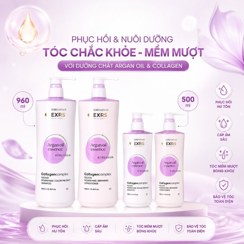 Bộ Gội Xả Olexrs Argan Oil Essence Collagen Complex Phục Hồi, Giữ Màu Tóc 2024 (Tím)