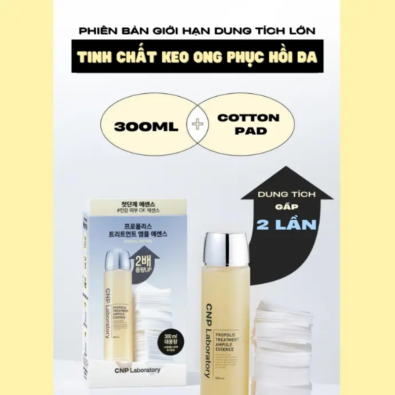 Set Nước Thần CNP Laboratory Propolis Treatment Ampule Essence 300ml + Bông Thấm Toner 190 Miếng