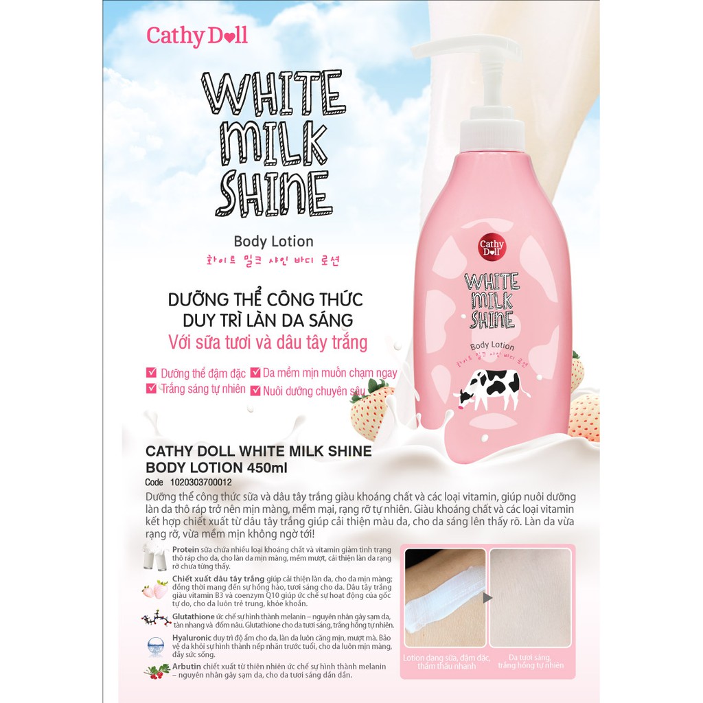 Sữa Dưỡng Thể Trắng Da Sữa Bò Cathy Doll White Milk Shine 450ml