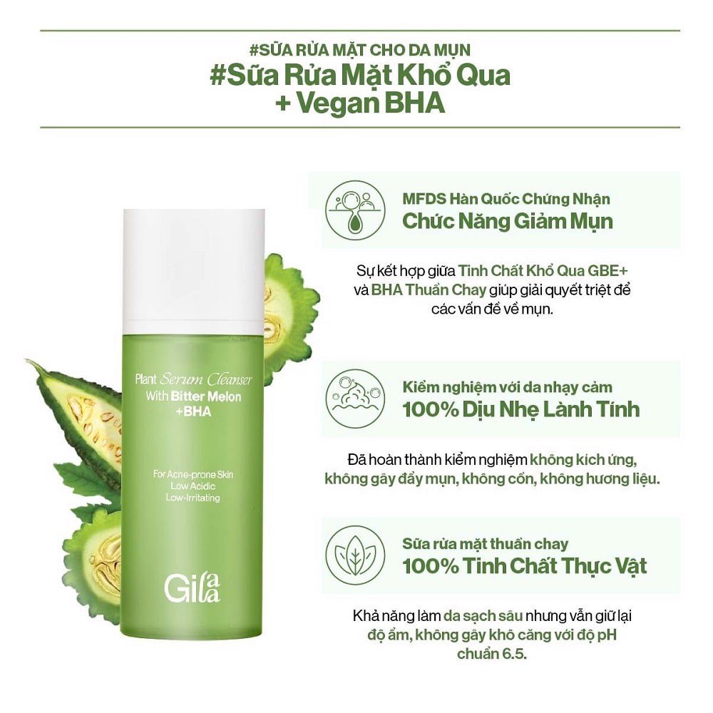 Sữa Rửa Mặt Gilaa Khổ Qua + Vegan BHA Giảm Mụn 160g