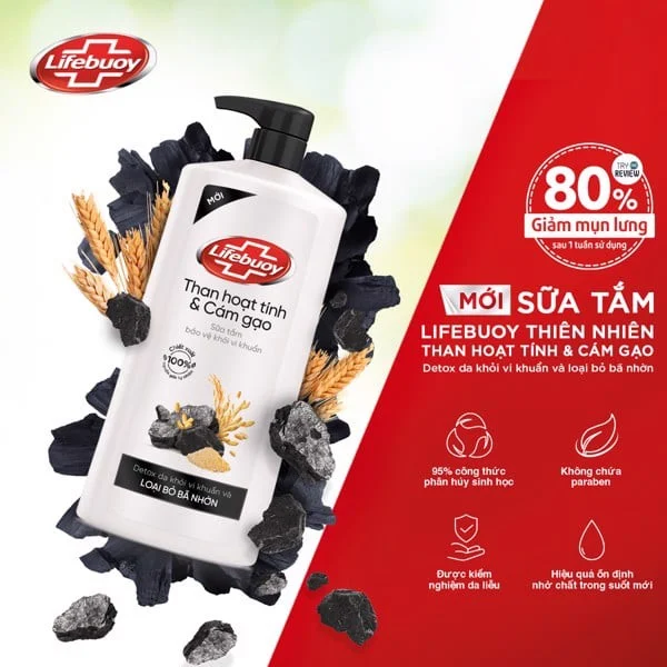 Sữa Tắm Lifebuoy Detox Than Hoạt Tính & Cám Gạo 800g