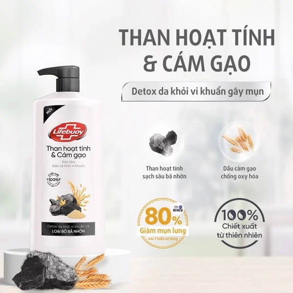 Sữa Tắm Lifebuoy Detox Than Hoạt Tính & Cám Gạo 800g