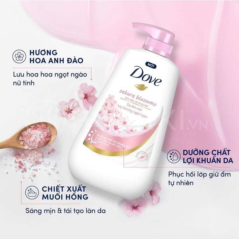 Sữa Tắm Dưỡng Thể Ẩm Mịn Dove Sakura Blossoms 500g - Hoa Anh Đào & Muối Hồng