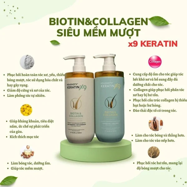 Cặp Gội Xả Siêu Phục Hồi Voudioty Keratin X9 Biotin & Collagen 500ml