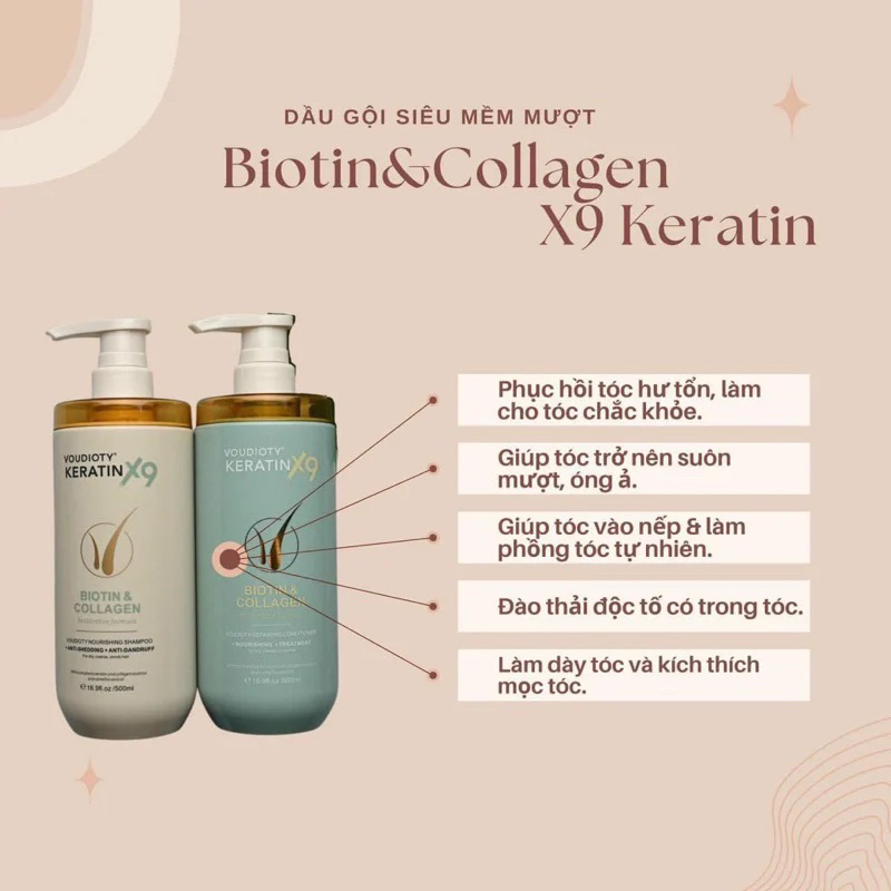 Cặp Gội Xả Siêu Phục Hồi Voudioty Keratin X9 Biotin & Collagen 500ml