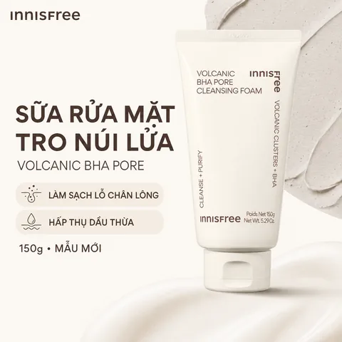 Sữa Rửa Mặt Innisfree Kiểm Soát Nhờn Tro Núi Lửa Volcanic BHA Pore Cleansing Foam 150g (Mẫu Mới) (Nhập Khẩu)