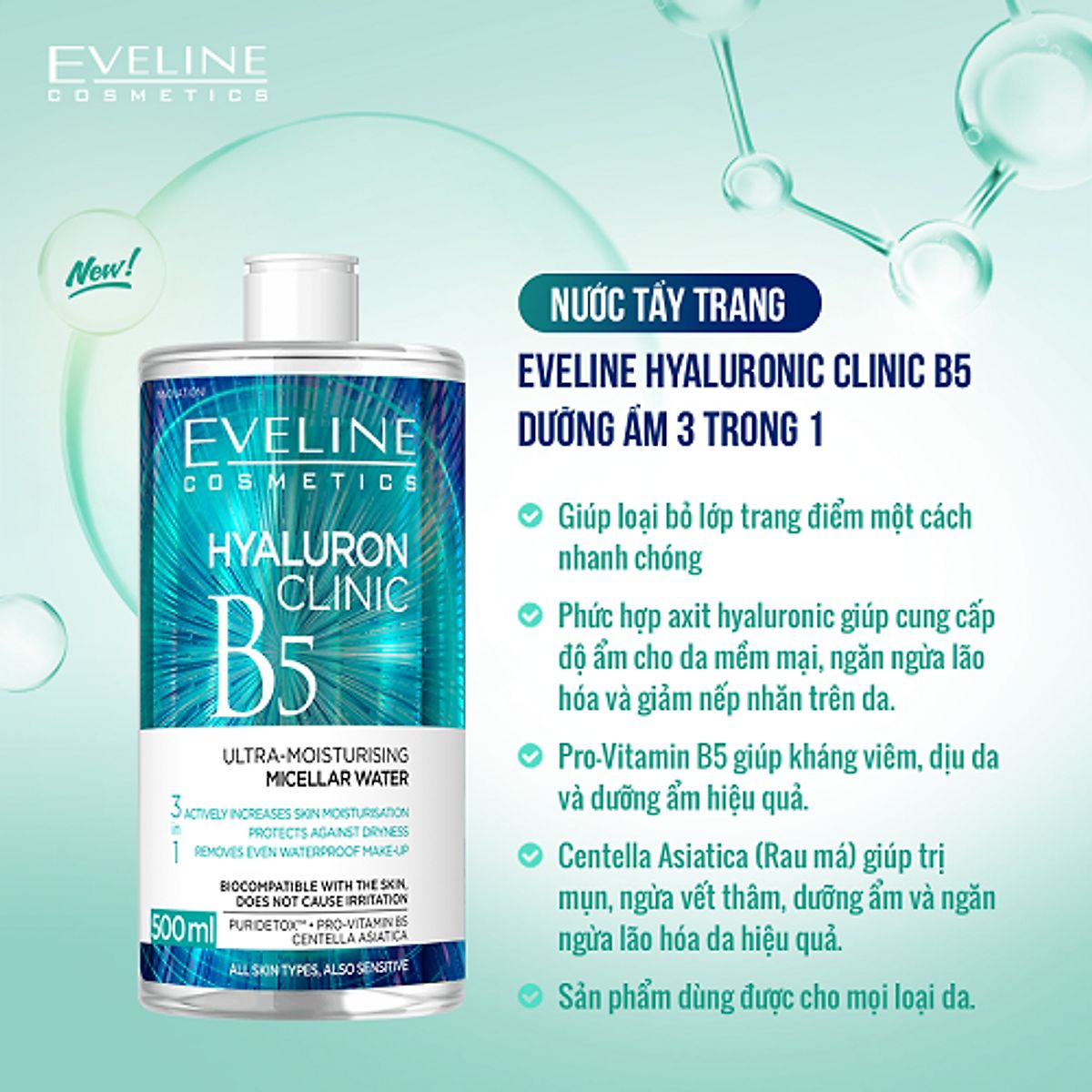 Nước Tẩy Trang Dưỡng Ẩm Da Eveline Hyaluronic Clinic B5 Ultra Moisturizing Micellar Water 500ml