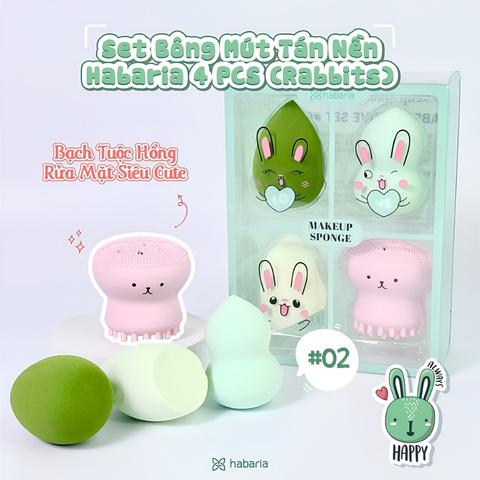Set 3 Mút Trang Điểm Habaria Rabbits Love (Kèm Miếng Rửa Mặt Bạch Tuộc)