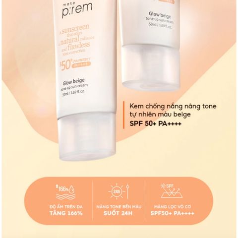 Kem Chống Nắng Nâng Tone Make P:rem Glow Beige Tone Up Sun Cream SPF50+ PA++++ 50ml