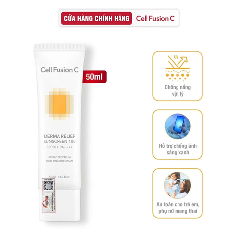 Kem Chống Nắng Cell Fusion C An Toàn Cho Mẹ Bầu & Em Bé Derma Relief Suncreen 100 SPF50 50ml (Mẫu Mới)