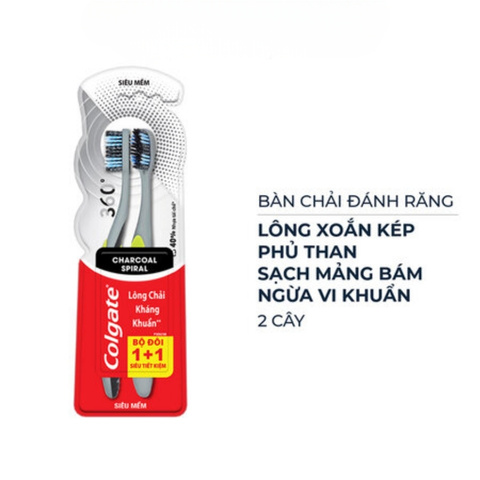 Bộ 2 Bàn Chải Đánh Răng Lông Chải Xoắn Kép Phủ Than Colgate 360 Charcoal Spiral