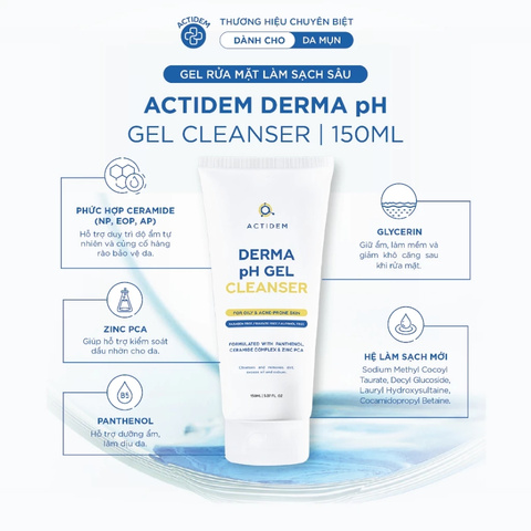 Gel Rửa Mặt Actidem Dành Cho Da Dầu Mụn Derma pH Gel Cleanser 150ml