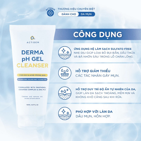 Gel Rửa Mặt Actidem Dành Cho Da Dầu Mụn Derma pH Gel Cleanser 150ml