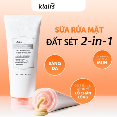 Sữa Rửa Mặt Klairs Dưỡng Sáng, Cải Thiện Lỗ Chân Lông Freshly Juiced Vitamin Mask Cleanser 150ml