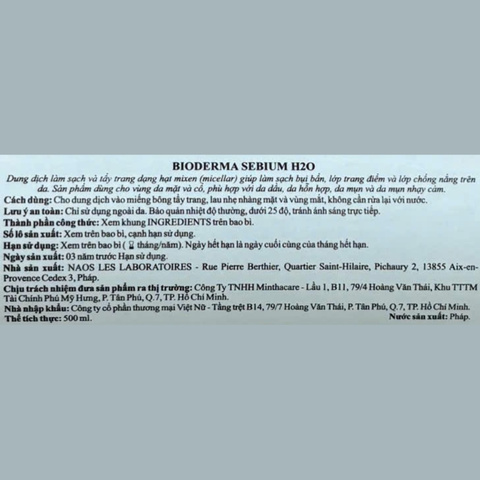 Tẩy Trang Bioderma Cho Da Dầu & Hỗn Hợp Sébium H2O (Mẫu Mới) - 500ml