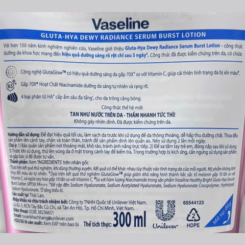 Dưỡng Thể Vaseline Sáng Da Ban Đêm Gluta-Hya Serum Burst Lotion Dewy Radiance 70X (Hồng) 300ml (Mẫu Mới)