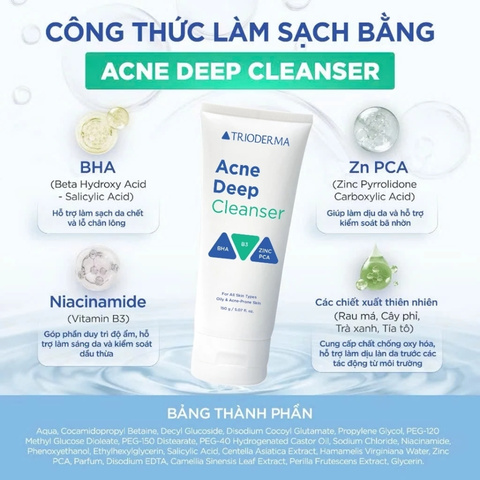 Sữa Rửa Mặt Sạch Sâu, Kiểm Soát Dầu Nhờn Trioderma Acne Deep Cleanser 150g