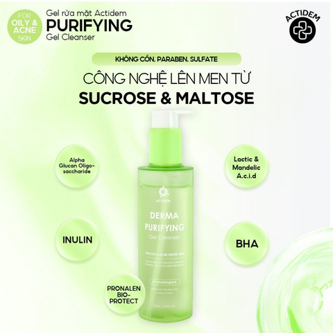 Gel Rửa Mặt Cho Da Dầu Mụn Actidem Derma Purifying Gel Cleanser 200ml (Mẫu Mới)