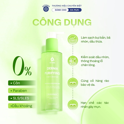 Gel Rửa Mặt Cho Da Dầu Mụn Actidem Derma Purifying Gel Cleanser 200ml (Mẫu Mới)