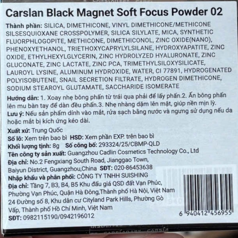 Phấn Phủ Nén Carslan 2.0 Black Magnet Soft Focus Powder 8g (Vỏ Trắng) - 02 Siêu Kiềm Dầu