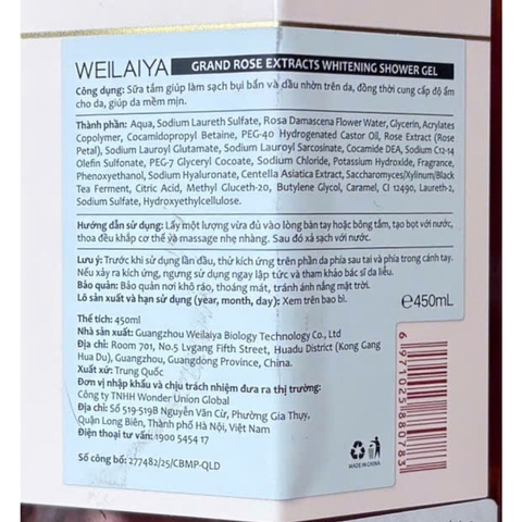 Sữa Tắm Trắng Da Weilaiya Grand Rose Extracts Whitening Shower Gel