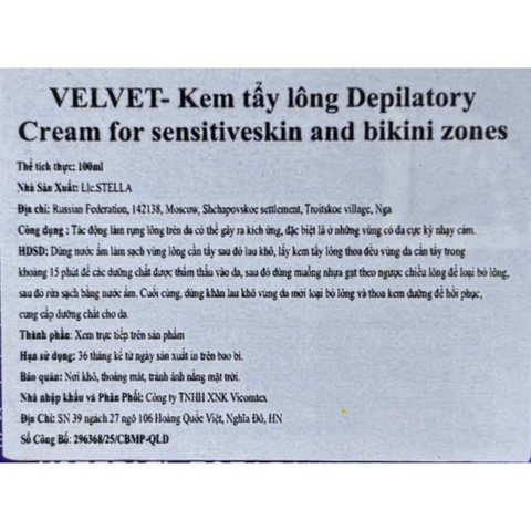 Kem Tẩy Lông Velvet Nga 100ml
