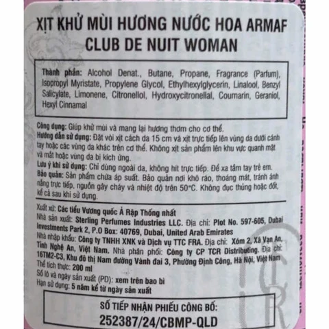 Xịt Thơm Body Nữ Armaf Club De Nuit Woman Perfume Body Spay 200ml