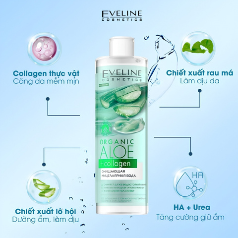 Nước Tẩy Trang Eveline Organic Aloe+Collagen Micellar Water 500ml